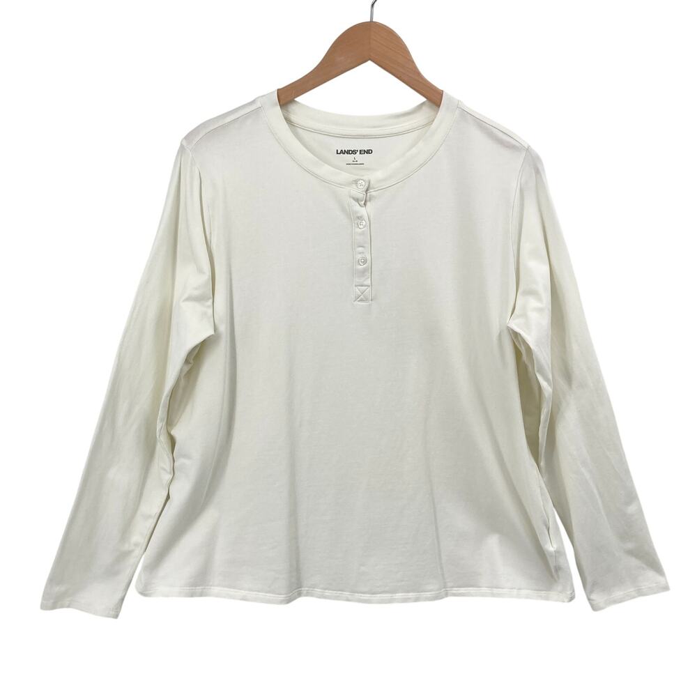 Lands' End Womens L 14-16 Ivory Cotton Stretch Long Sleeve Henley Top Casual